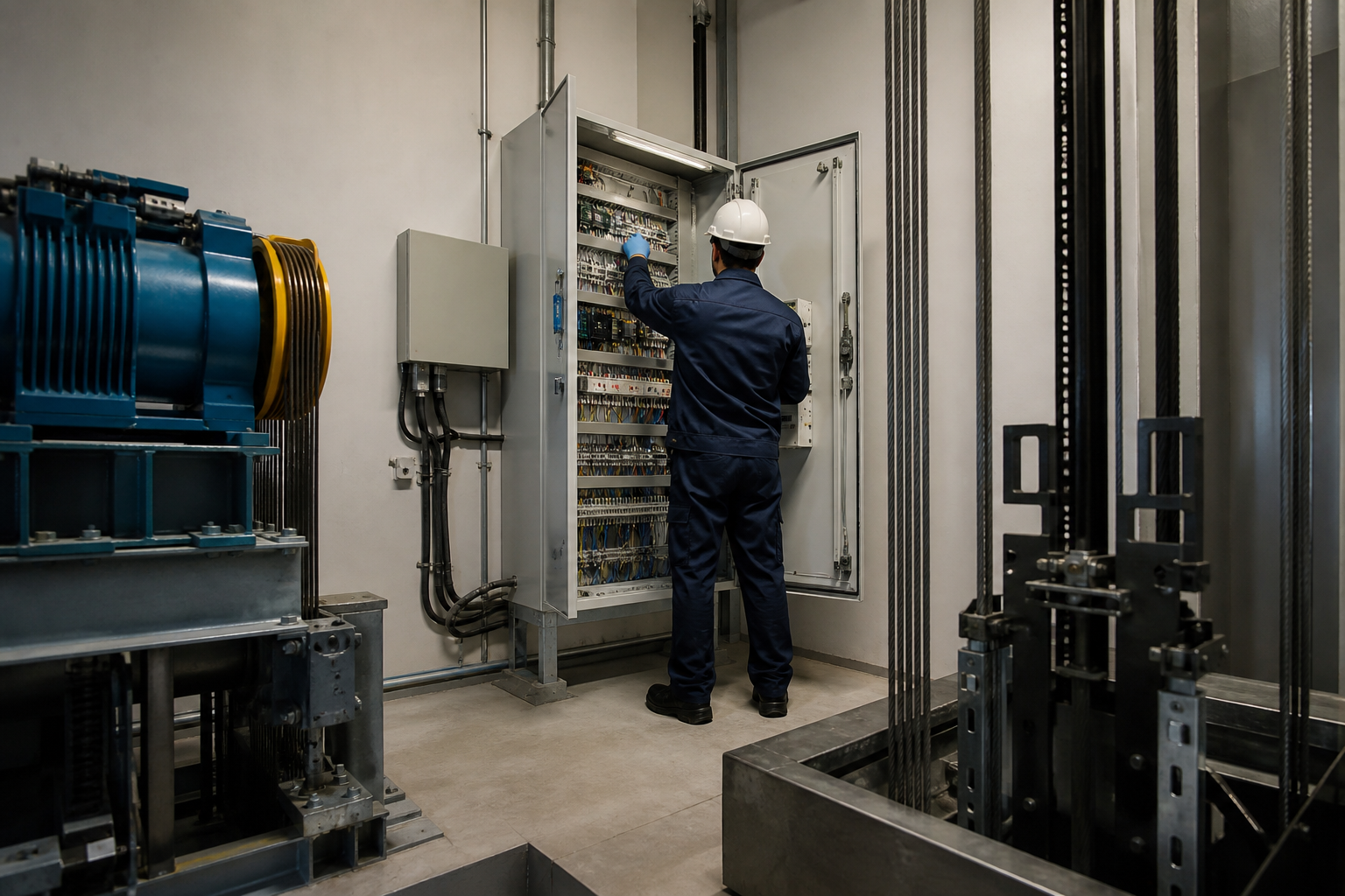 Tecnico de mantenimiento trabajando de espaldas en la sala de máquinas